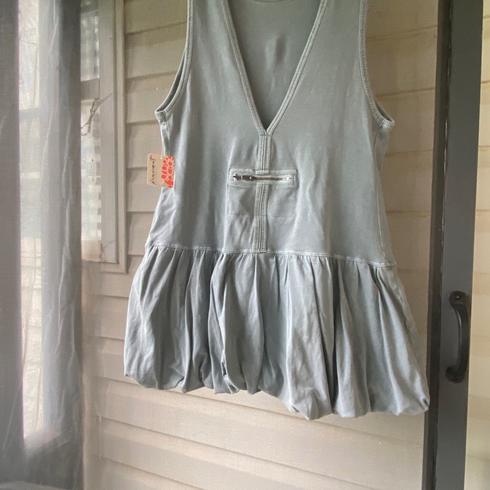 Free People Light Blue V-Neck Ruffle Hem Tank
